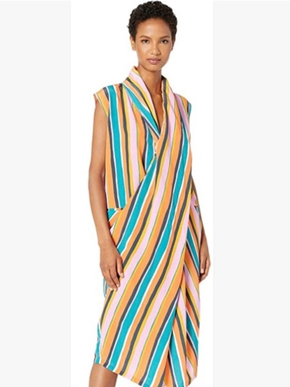 Sleeveless Striped Midi Wrap Dress in Multicolor